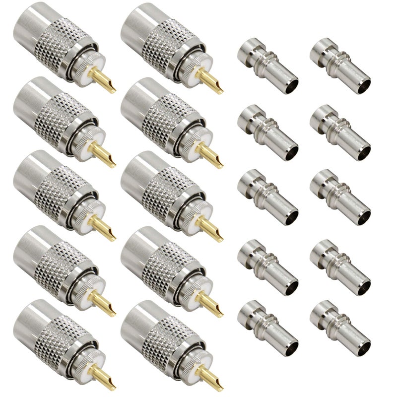 RFAdapter PL 259 Connectors, 10 Pack PL-259 UHF Male Solder Connector Plug with Reducer, Teflon Material 50ohm for RG59, RG8, RG8x, LMR-400, RG-213 Coaxial Cable Compatiable with Ham Radio Antenna - Image 1